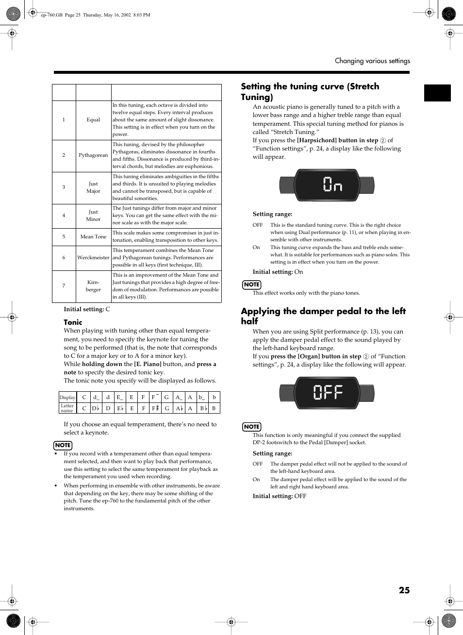 0n 0ff, Setting the tuning curve (stretch tuning), Applying the damper pedal to the left half | Roland EP-760 User Manual | Page 25 / 34