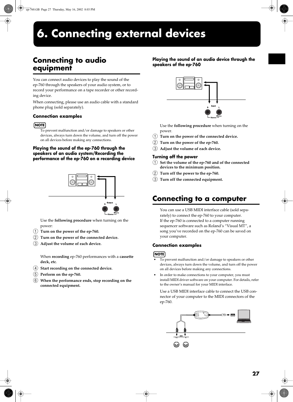 Connecting external devices, Connecting to audio equipment, Connecting to a computer | Roland EP-760 User Manual | Page 27 / 34