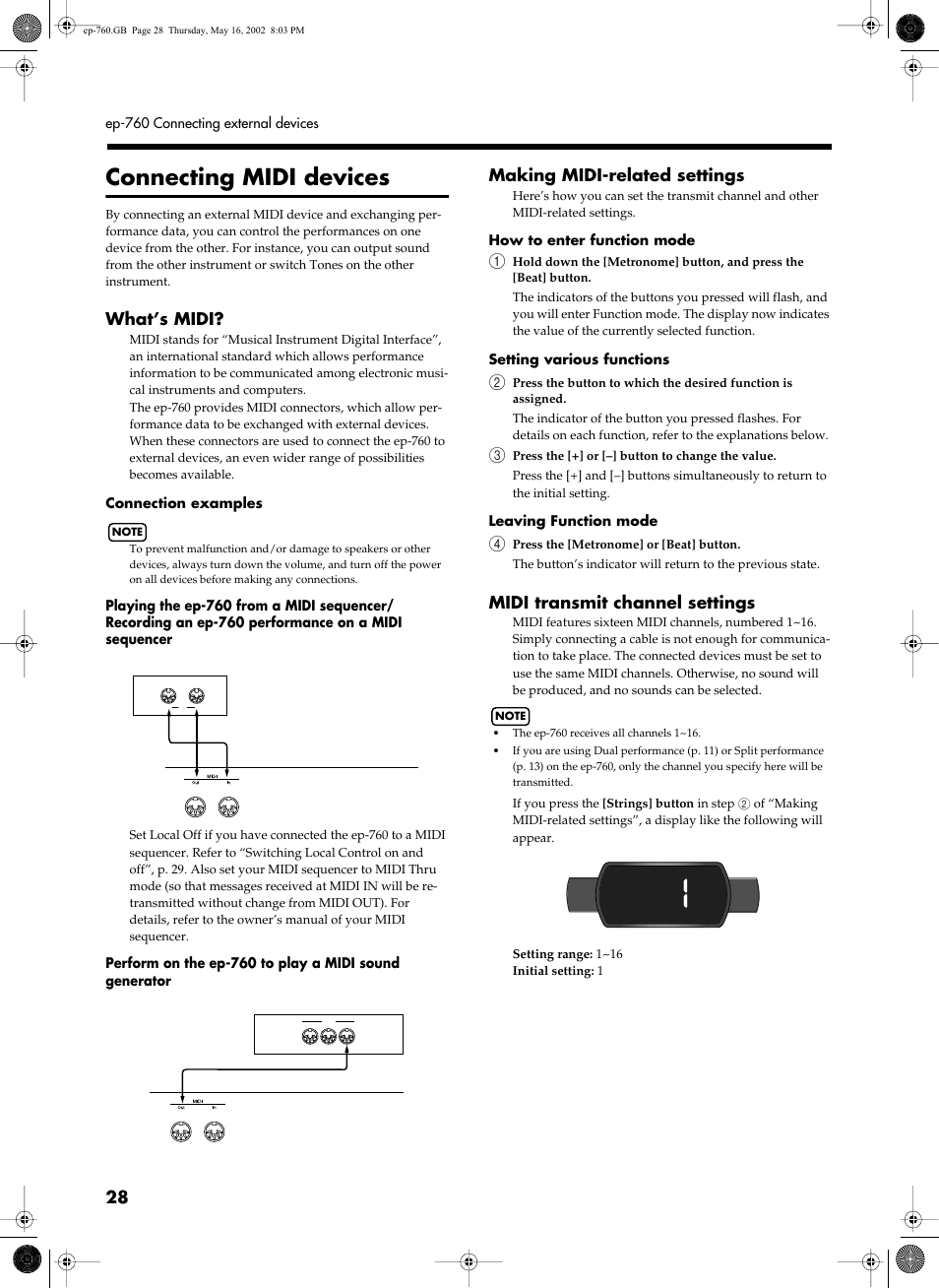 Connecting midi devices, What’s midi, Making midi-related settings | Midi transmit channel settings | Roland EP-760 User Manual | Page 28 / 34