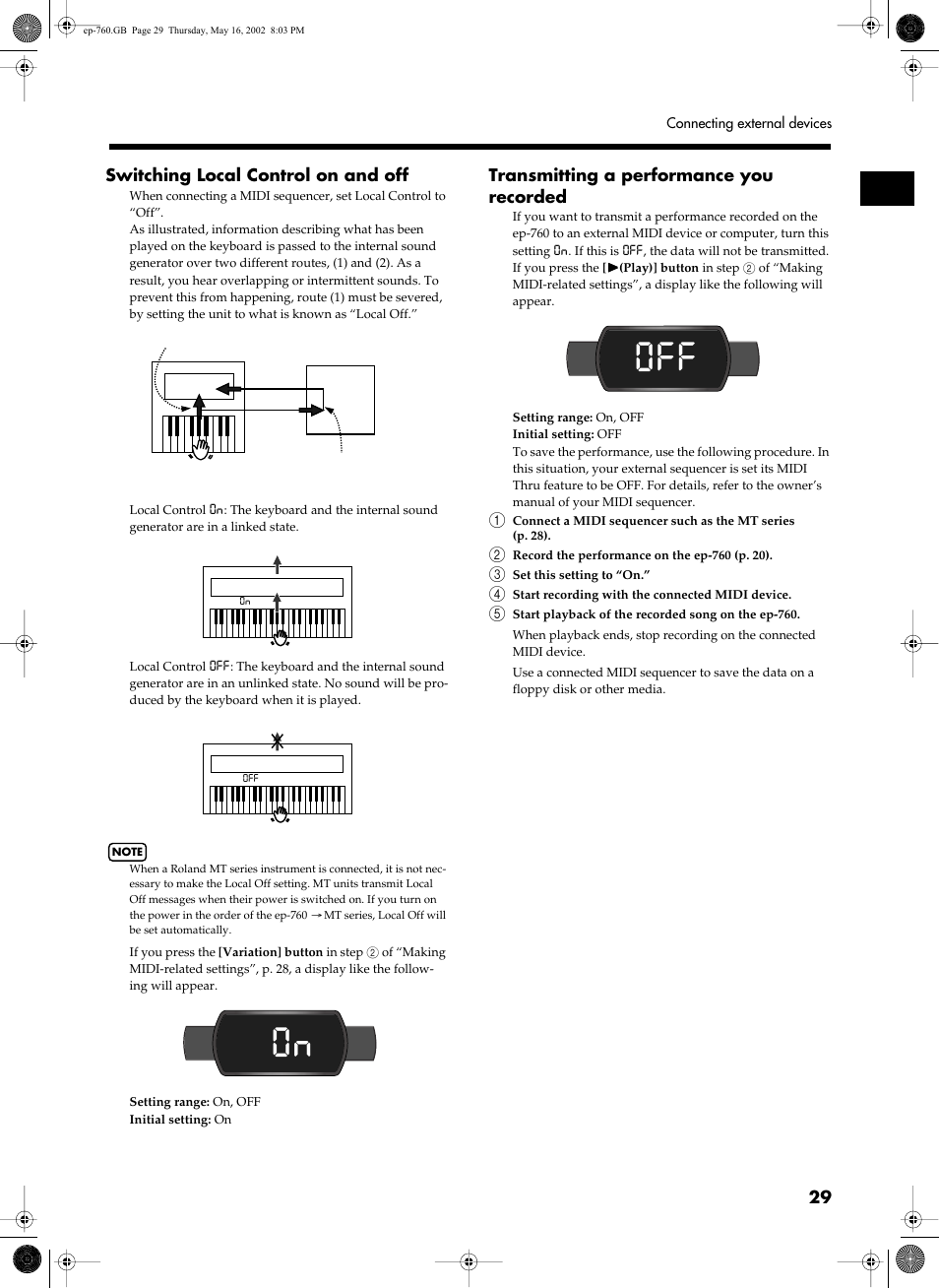0n 0ff, Switching local control on and off, Transmitting a performance you recorded | Roland EP-760 User Manual | Page 29 / 34