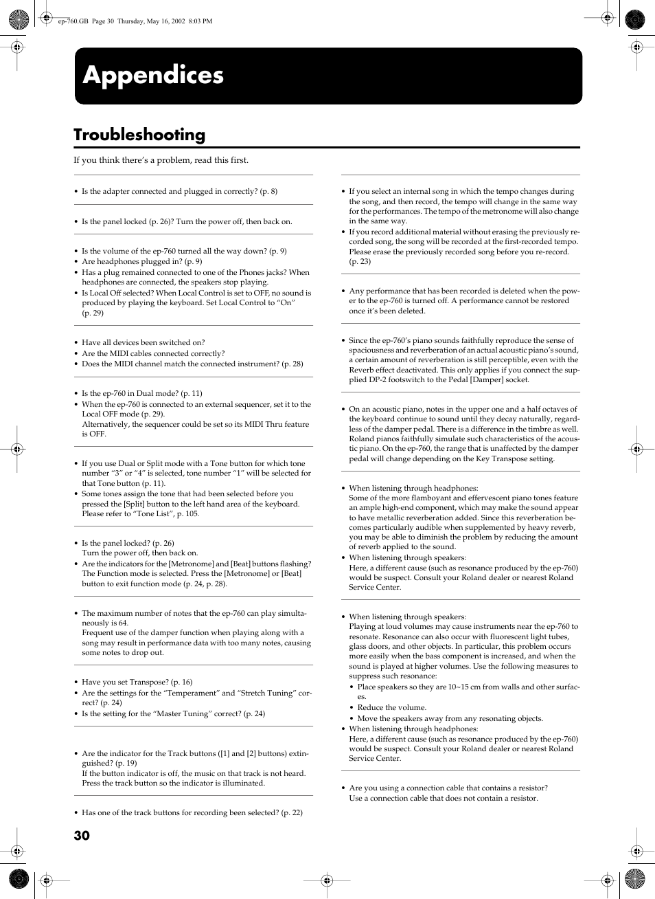 Appendices, Troubleshooting | Roland EP-760 User Manual | Page 30 / 34