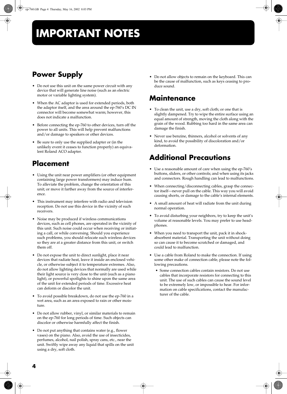 Power supply, Placement, Maintenance | Additional precautions | Roland EP-760 User Manual | Page 4 / 34