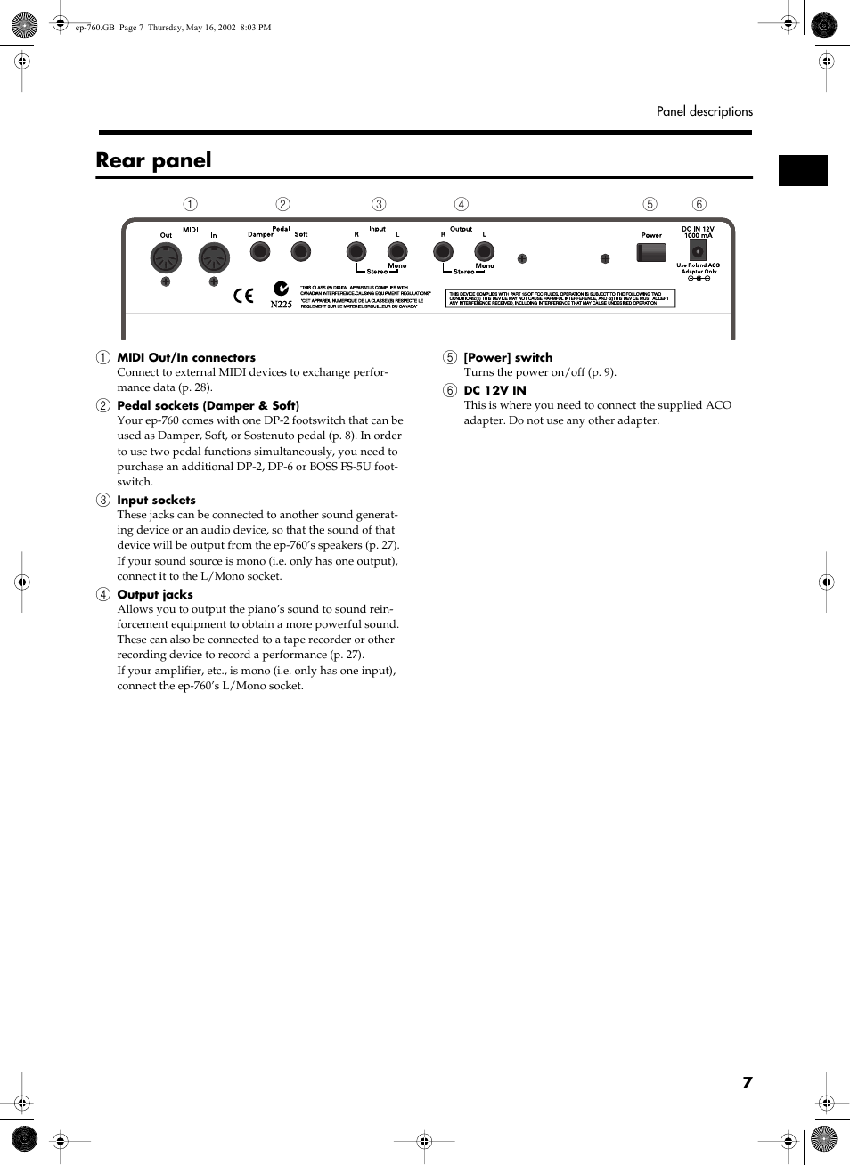 Rear panel | Roland EP-760 User Manual | Page 7 / 34