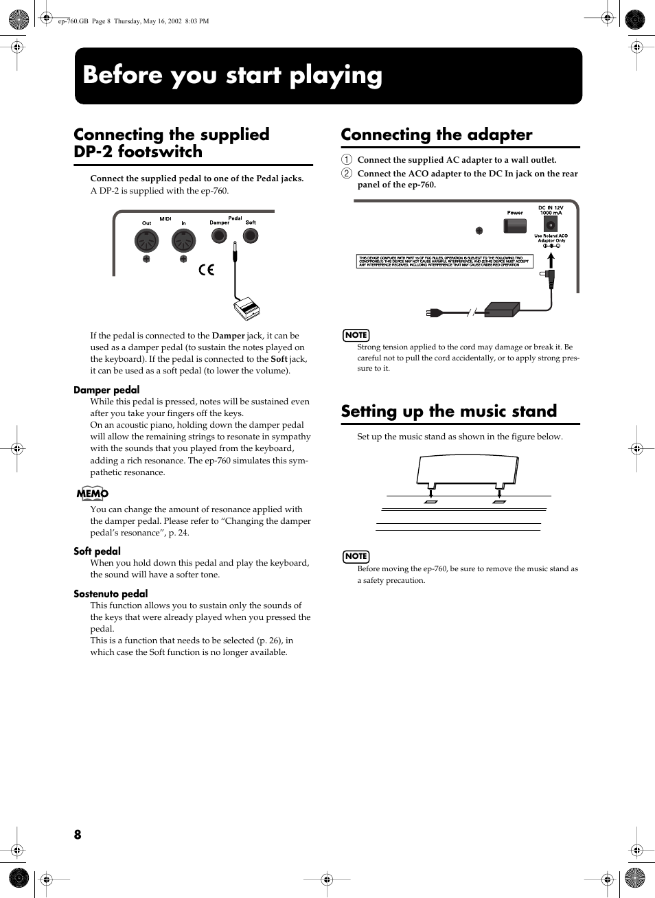 Before you start playing, Connecting the supplied dp-2 footswitch, Connecting the adapter | Setting up the music stand | Roland EP-760 User Manual | Page 8 / 34