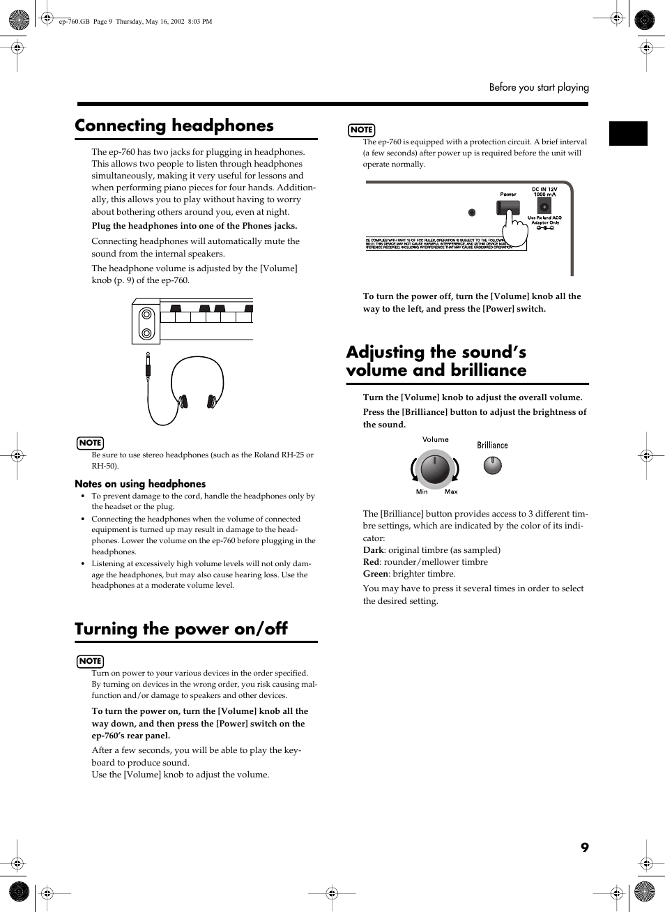 Connecting headphones, Turning the power on/off, Adjusting the sound’s volume and brilliance | Roland EP-760 User Manual | Page 9 / 34