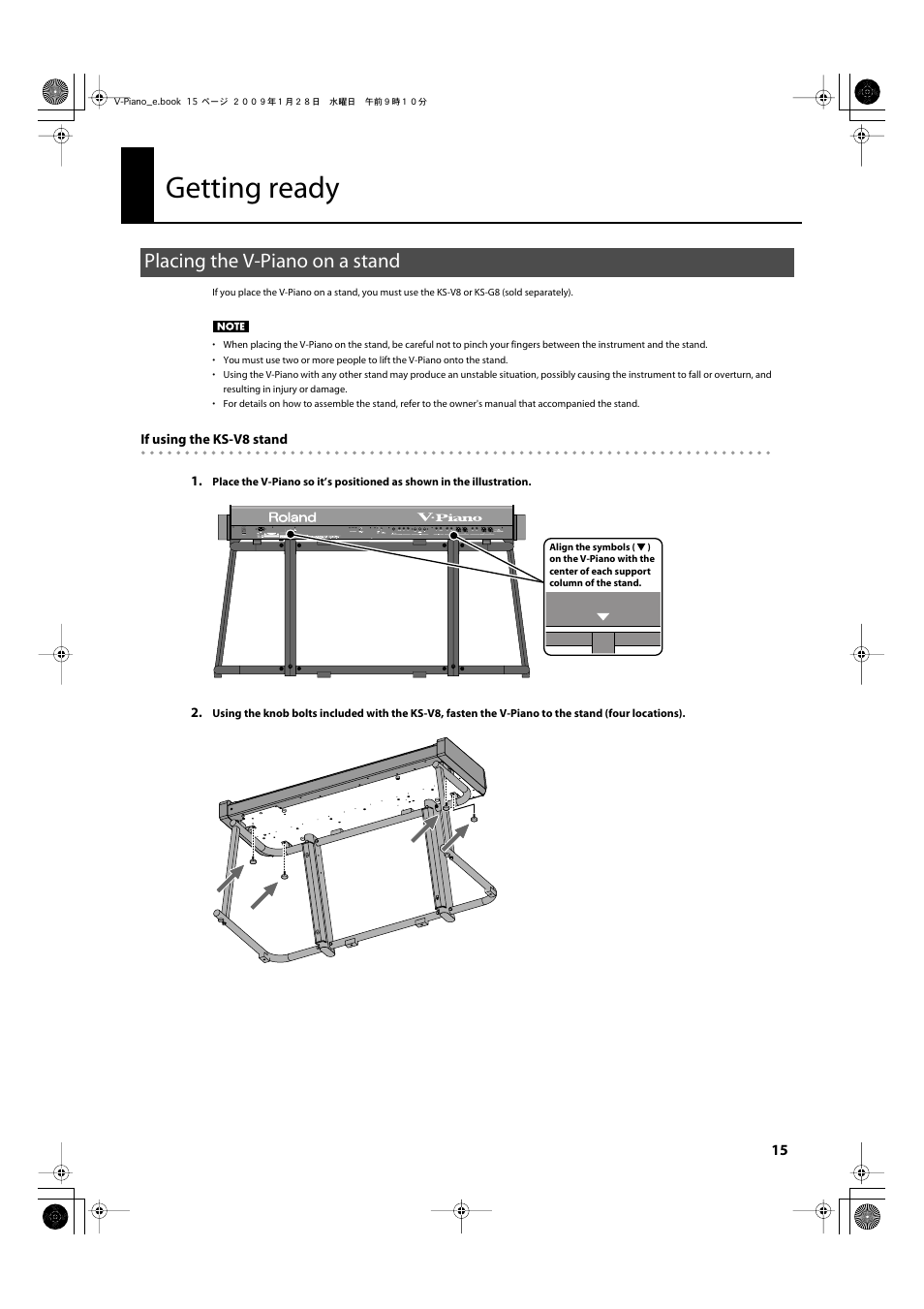 Getting ready, Placing the v-piano on a stand | Roland V-Piano User Manual | Page 15 / 116