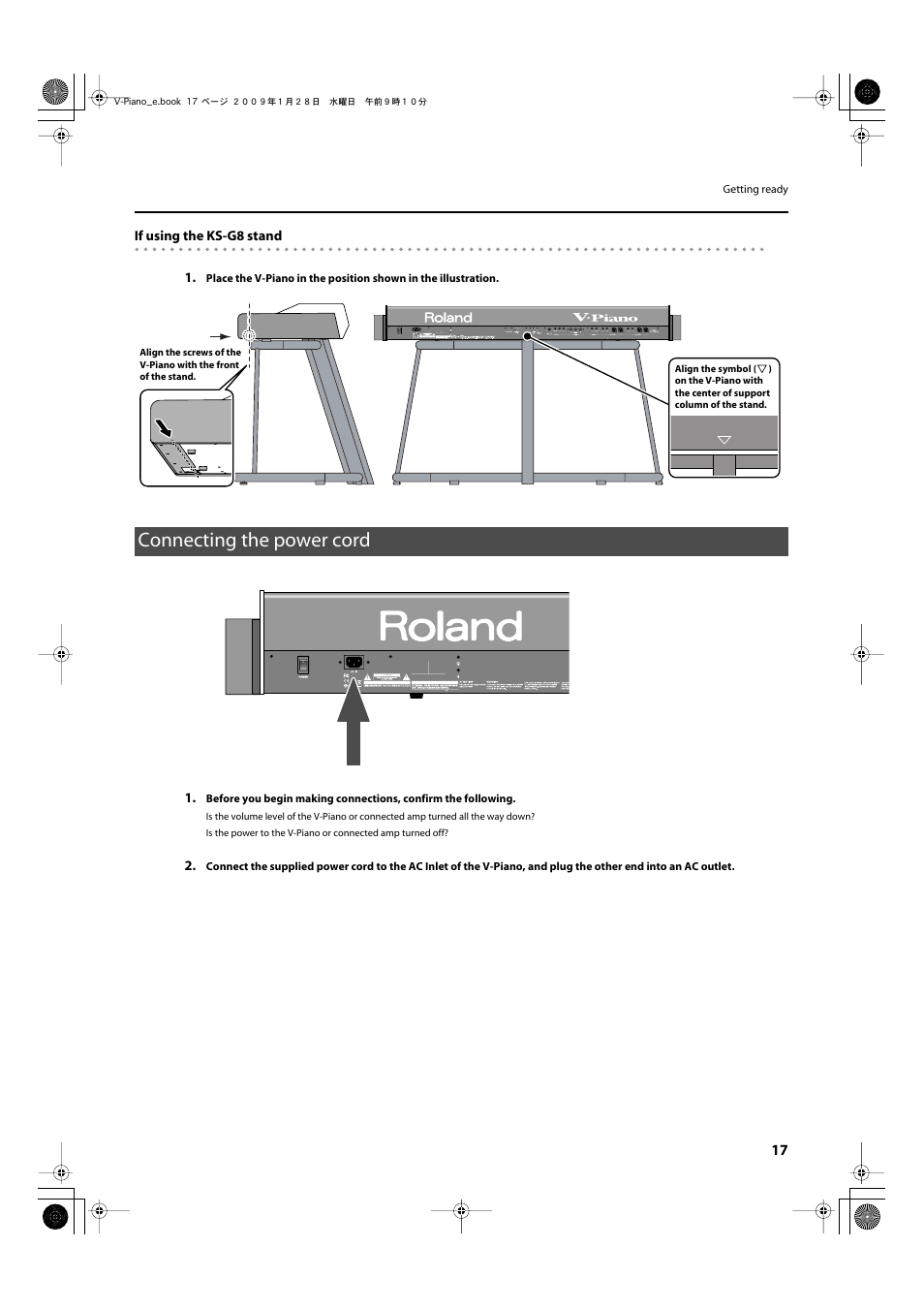 Connecting the power cord, Connect the included power cord here (p.17) | Roland V-Piano User Manual | Page 17 / 116