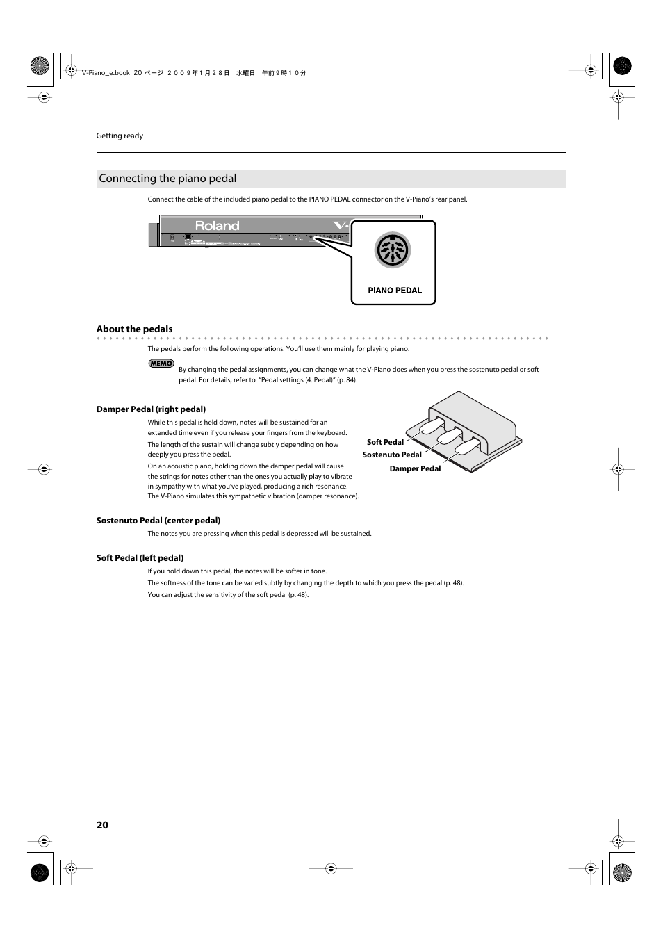 Connecting the piano pedal, Connect the included piano pedal here (p.20) | Roland V-Piano User Manual | Page 20 / 116