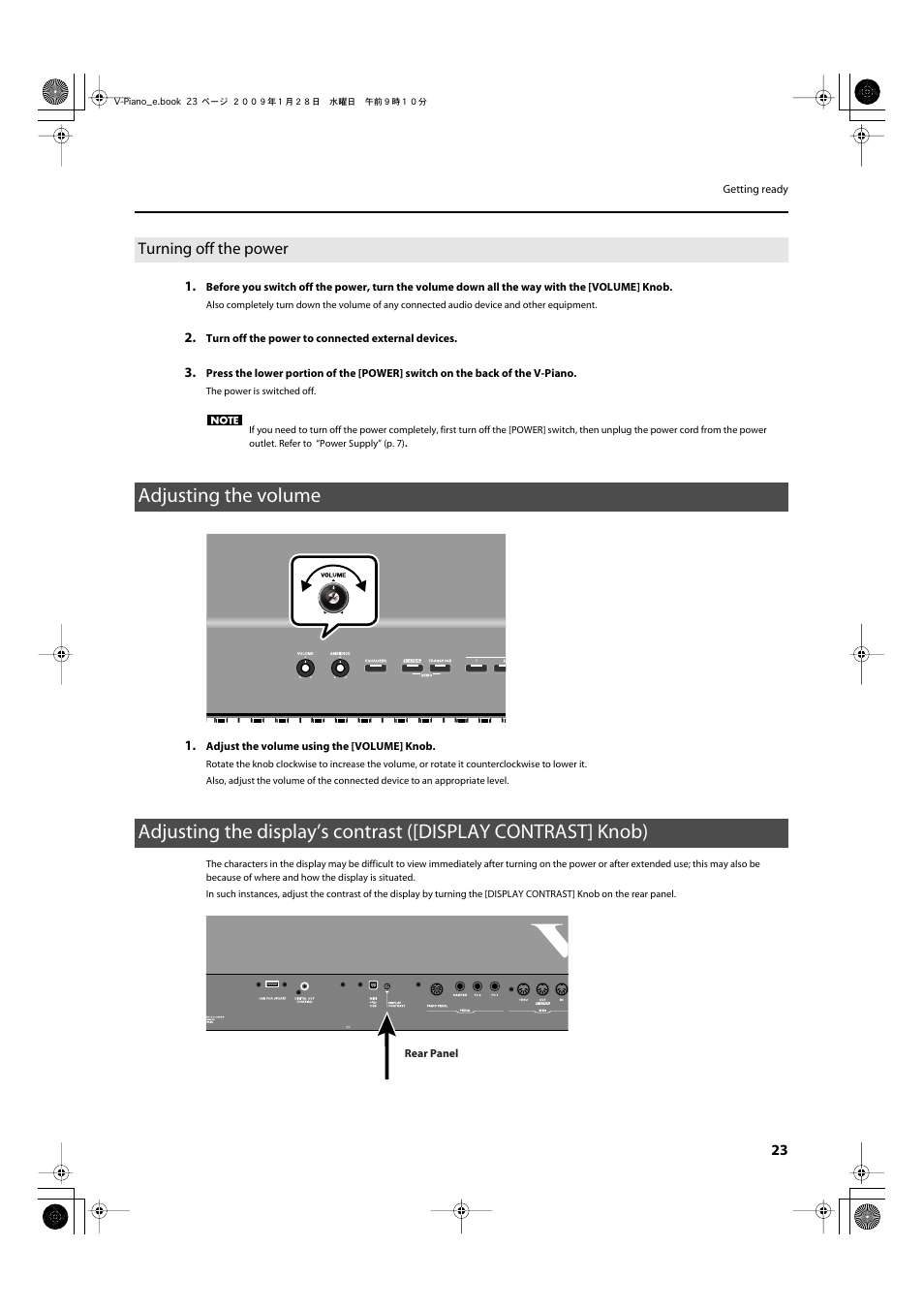 Turning off the power, Adjusting the volume, And headphone jack (p.23) | Adjusts the contrast of the display (p.23) | Roland V-Piano User Manual | Page 23 / 116