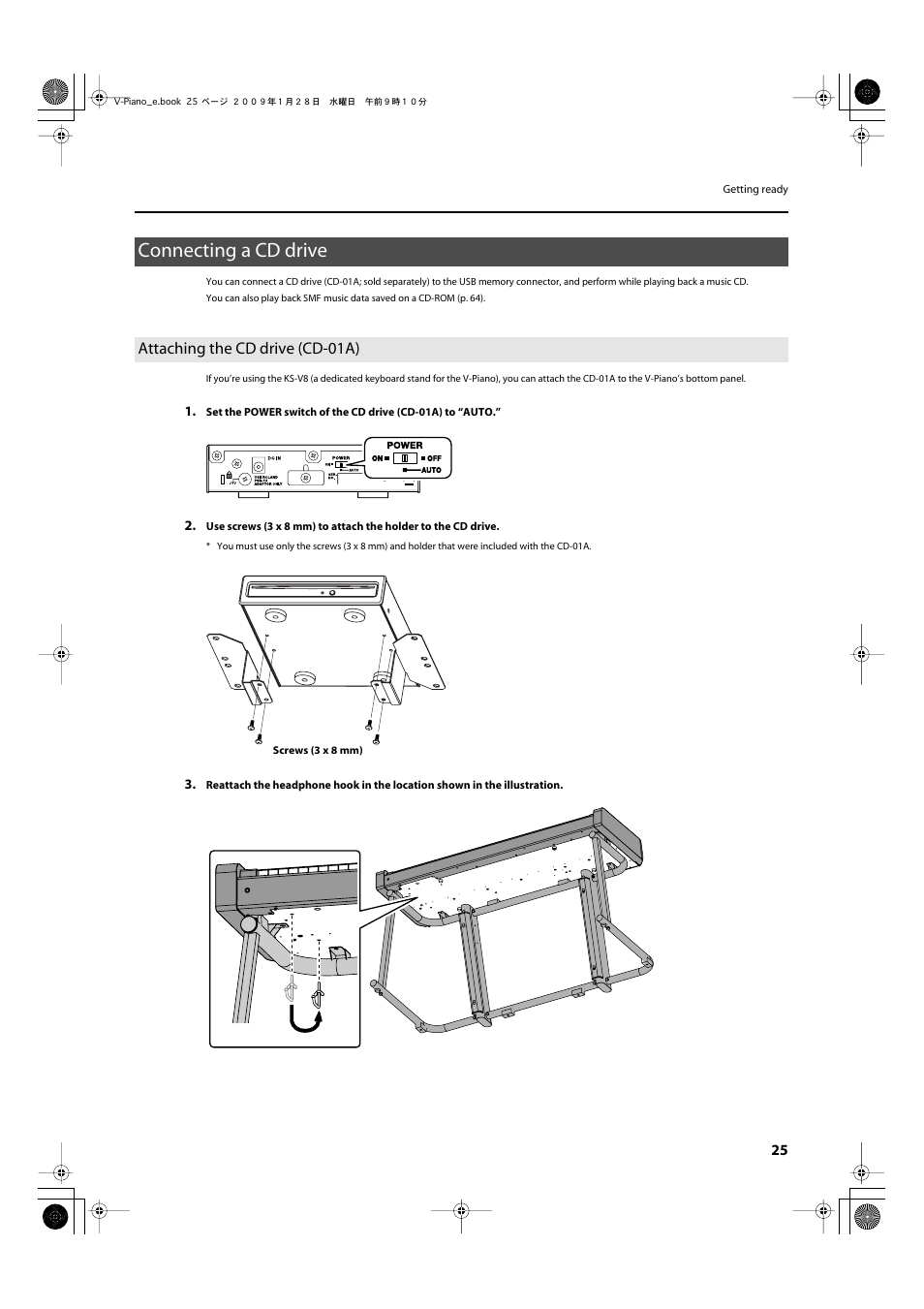 Connecting a cd drive, Attaching the cd drive (cd-01a) | Roland V-Piano User Manual | Page 25 / 116