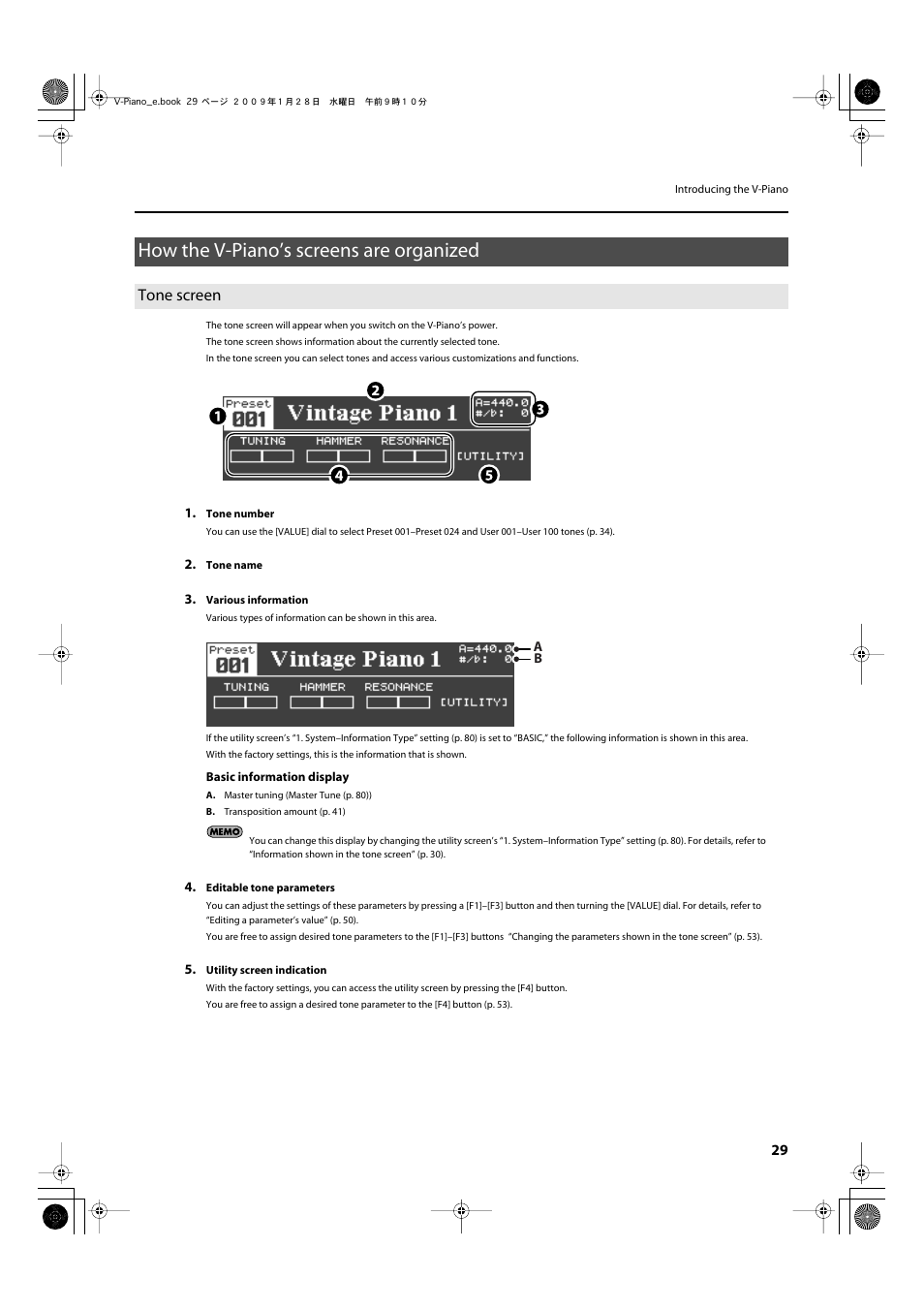 How the v-piano’s screens are organized, Tone screen | Roland V-Piano User Manual | Page 29 / 116