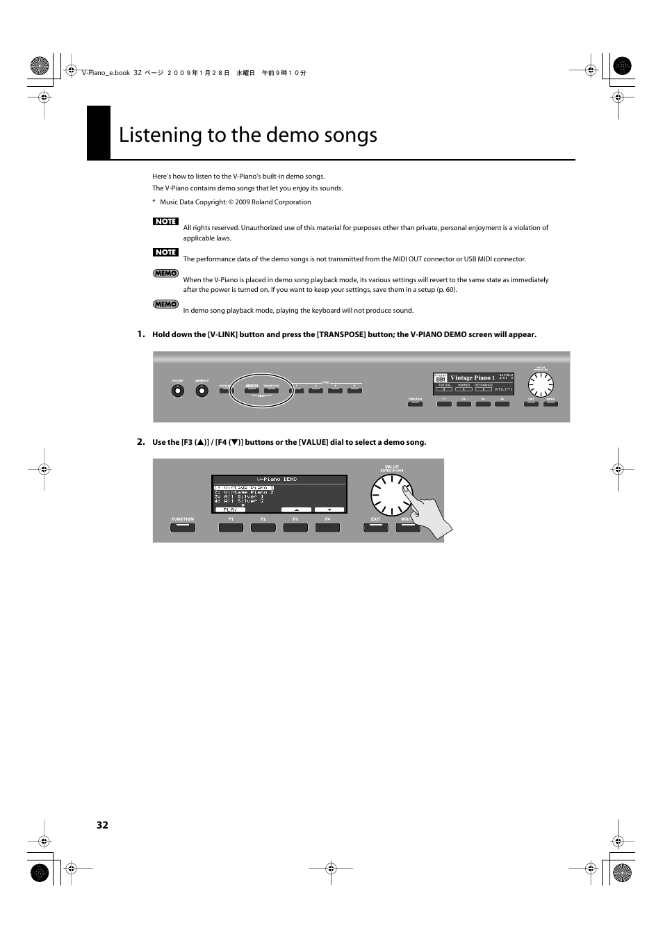 Listening to the demo songs, You can play demo songs (p.32) | Roland V-Piano User Manual | Page 32 / 116