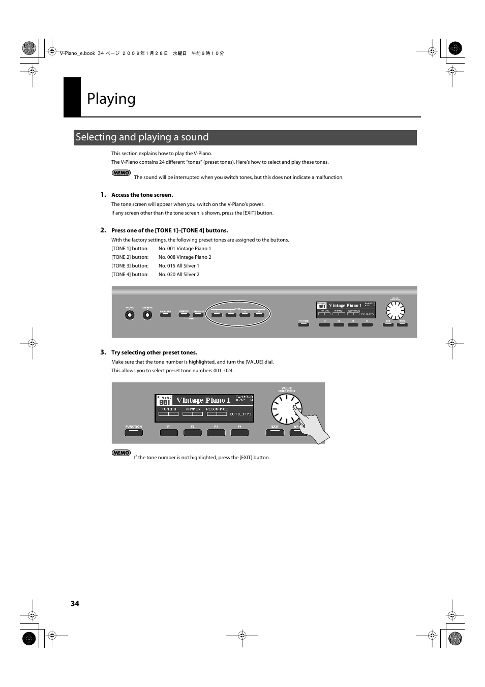 Playing, Selecting and playing a sound | Roland V-Piano User Manual | Page 34 / 116