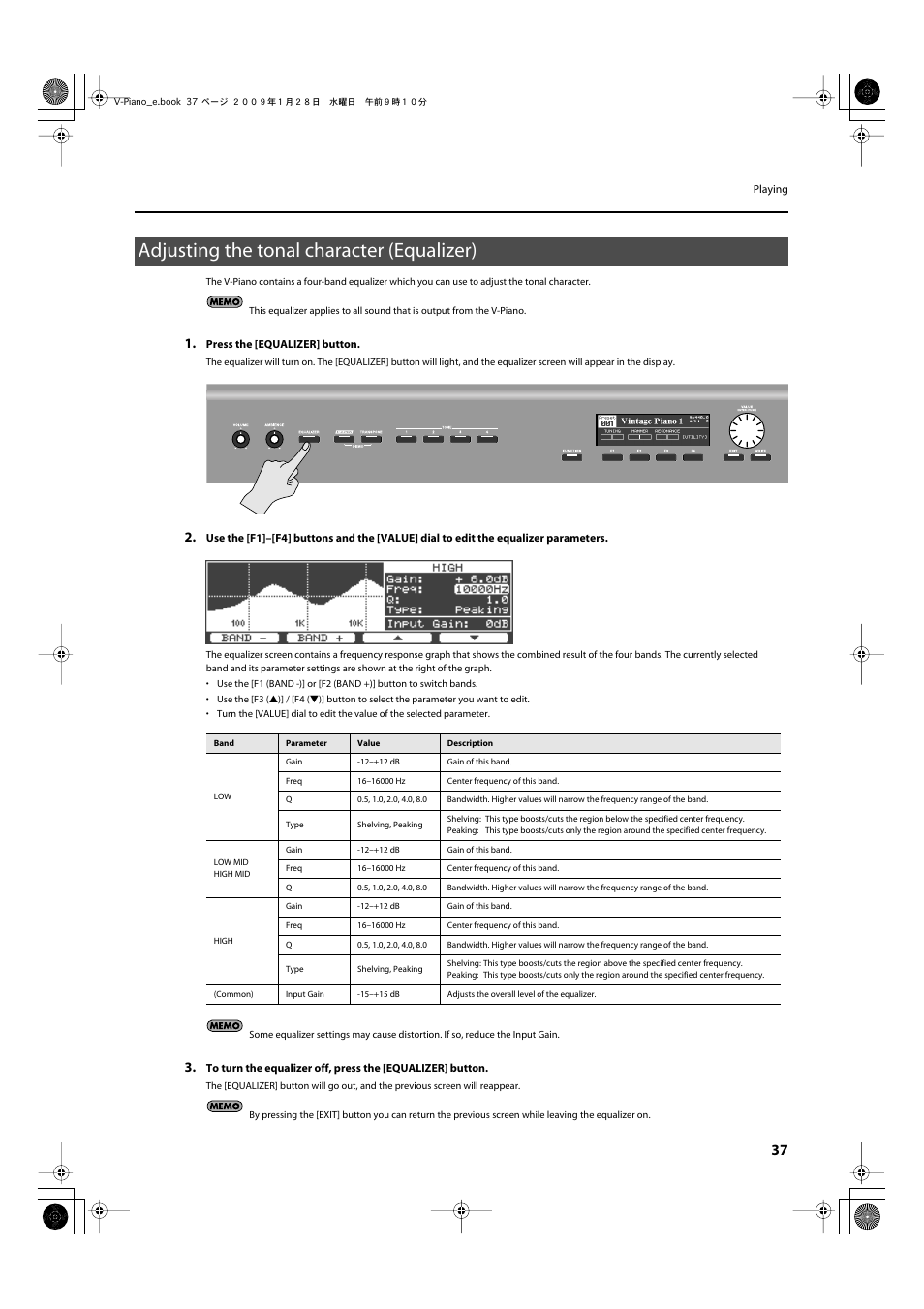 Adjusting the tonal character (equalizer), Turns the equalizer on/off (p.37) | Roland V-Piano User Manual | Page 37 / 116