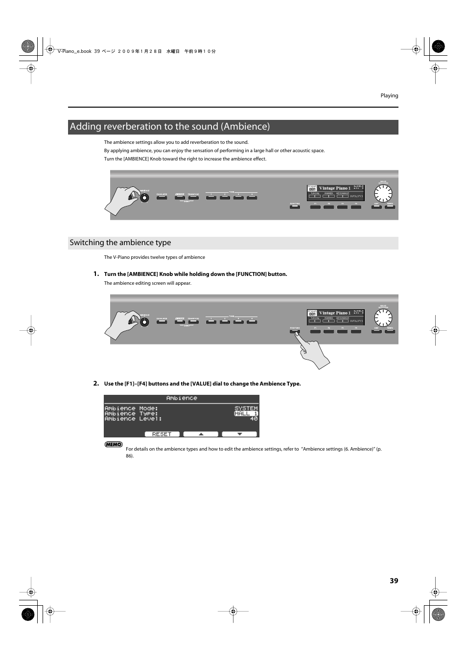 Adding reverberation to the sound (ambience), Switching the ambience type, Resonance to the sound (p.39) | Roland V-Piano User Manual | Page 39 / 116