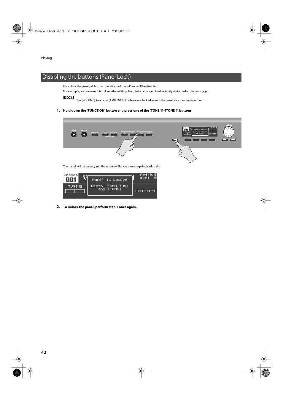 Disabling the buttons (panel lock) | Roland V-Piano User Manual | Page 42 / 116