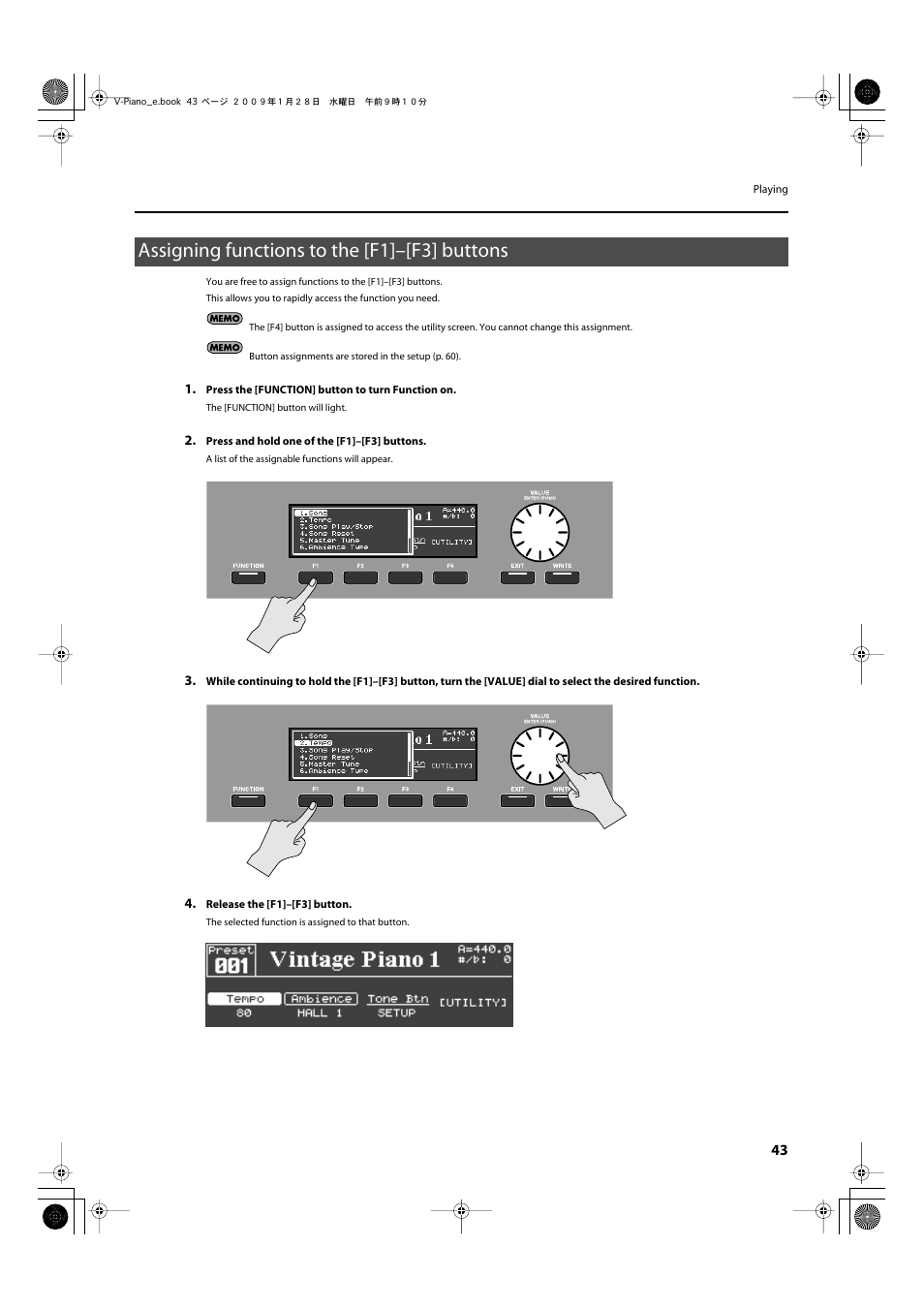 Assigning functions to the [f1]–[f3] buttons | Roland V-Piano User Manual | Page 43 / 116