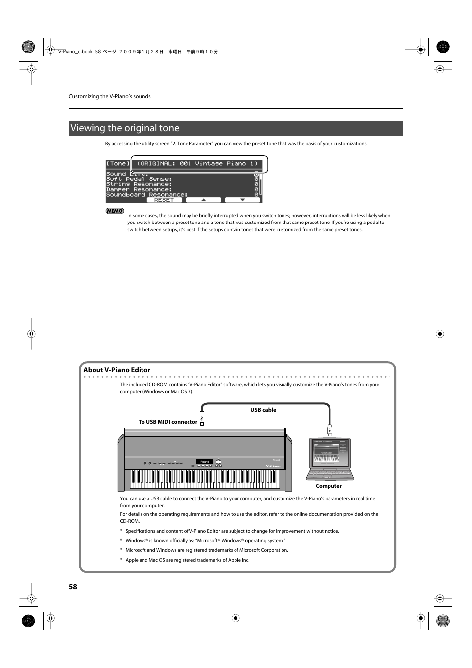 Viewing the original tone, About v-piano editor, Viewing the original tone about v-piano editor | Connect this connector to your computer (p.58) | Roland V-Piano User Manual | Page 58 / 116