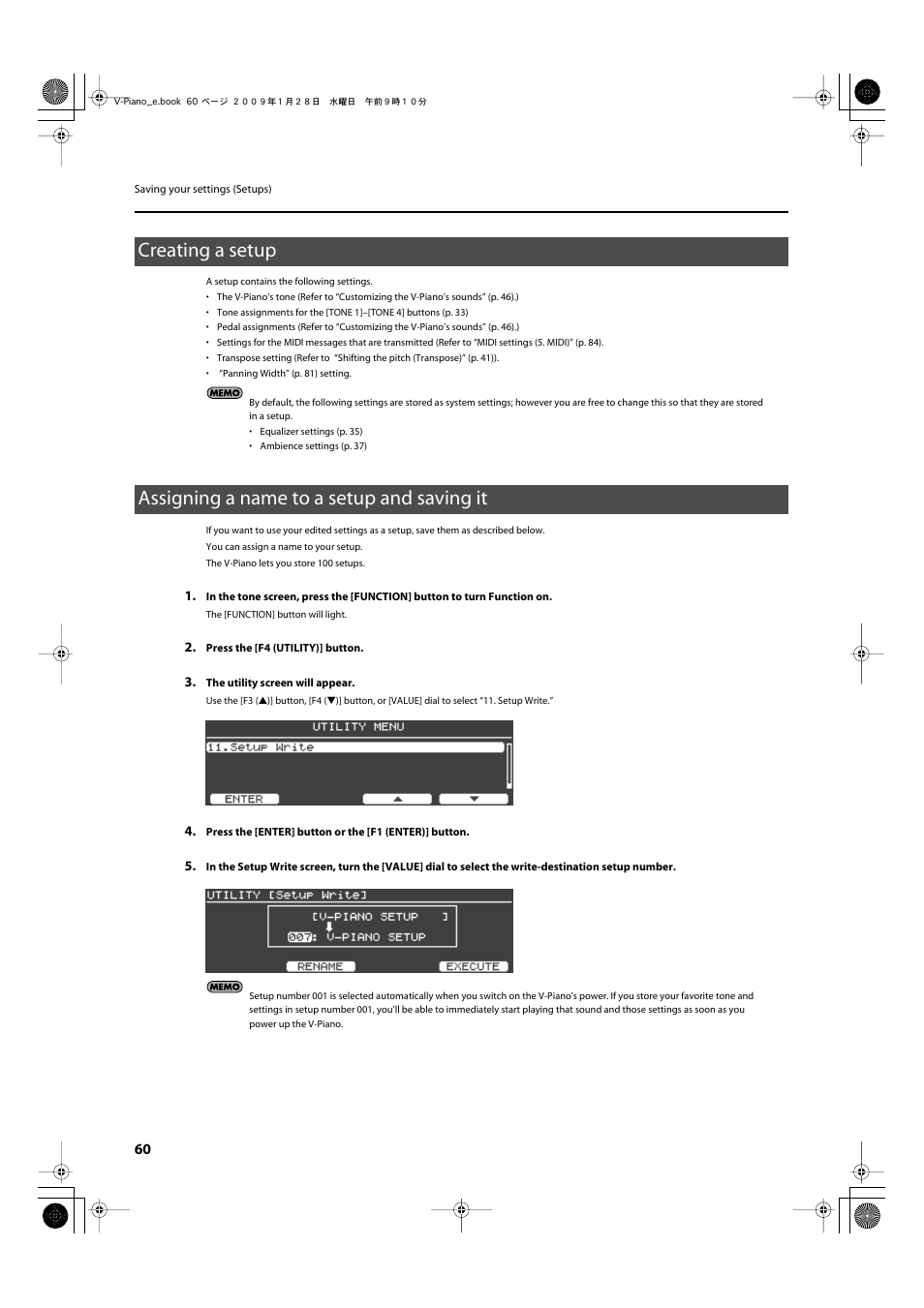 Creating a setup, Assigning a name to a setup and saving it, The v-piano lets you store 100 setups (p. 60) | Roland V-Piano User Manual | Page 60 / 116