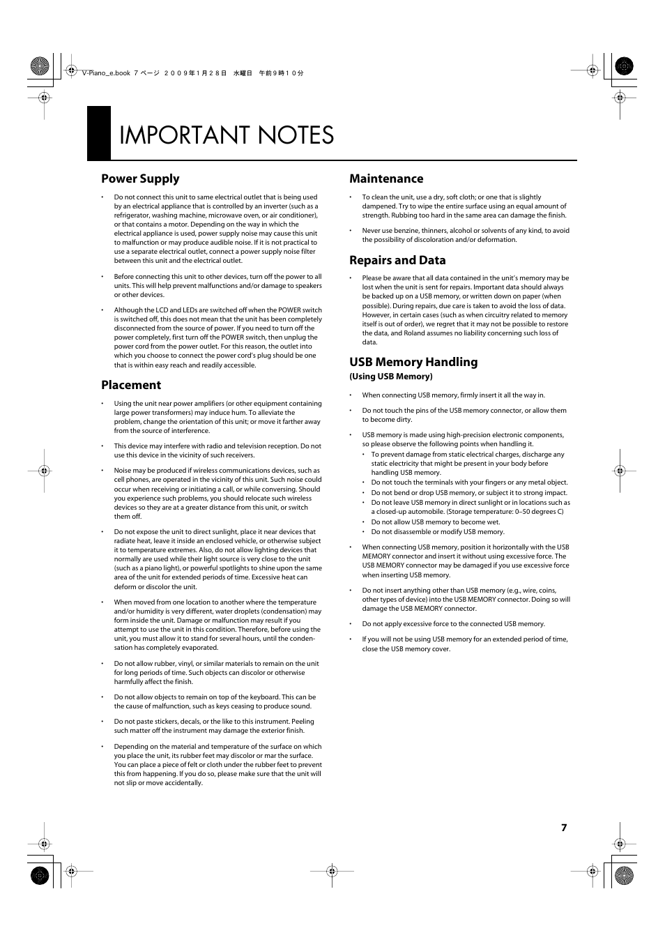 Important notes, Power supply, Placement | Maintenance, Repairs and data | Roland V-Piano User Manual | Page 7 / 116