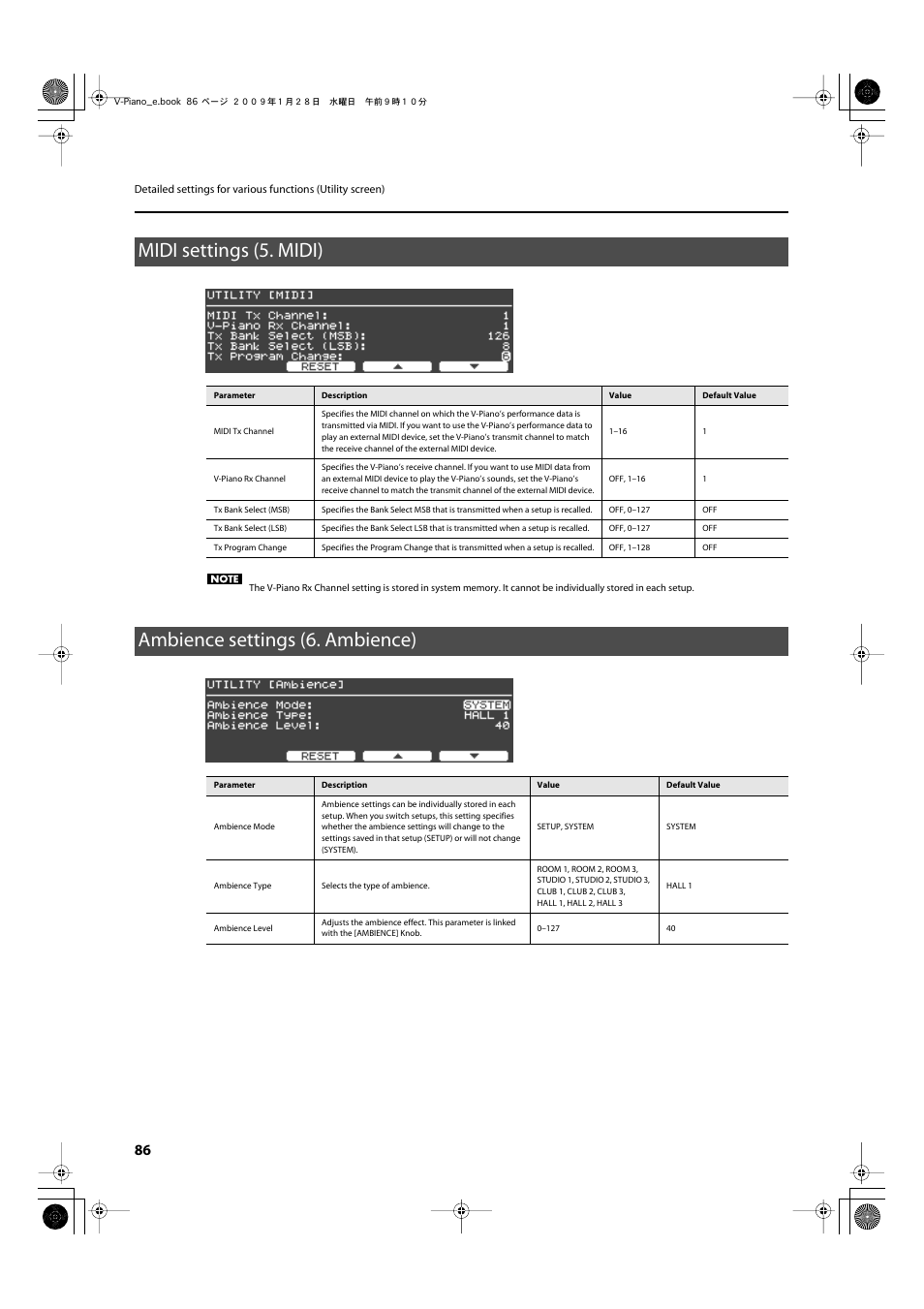 Midi settings (5. midi), Ambience settings (6. ambience), Ambience mode ( “ambience mode” (p. 86) setting) | Ambience type ( “ambience type” (p. 86) setting), P. 86, Ambience mode (p. 86), Ambience type (p. 86), Ambience level (p. 86) | Roland V-Piano User Manual | Page 86 / 116