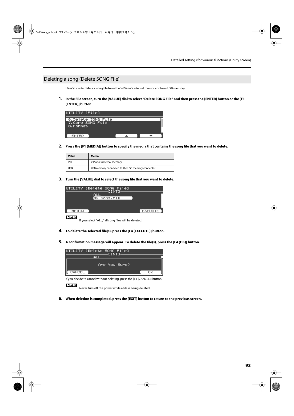Deleting a song (delete song file), P. 93 | Roland V-Piano User Manual | Page 93 / 116