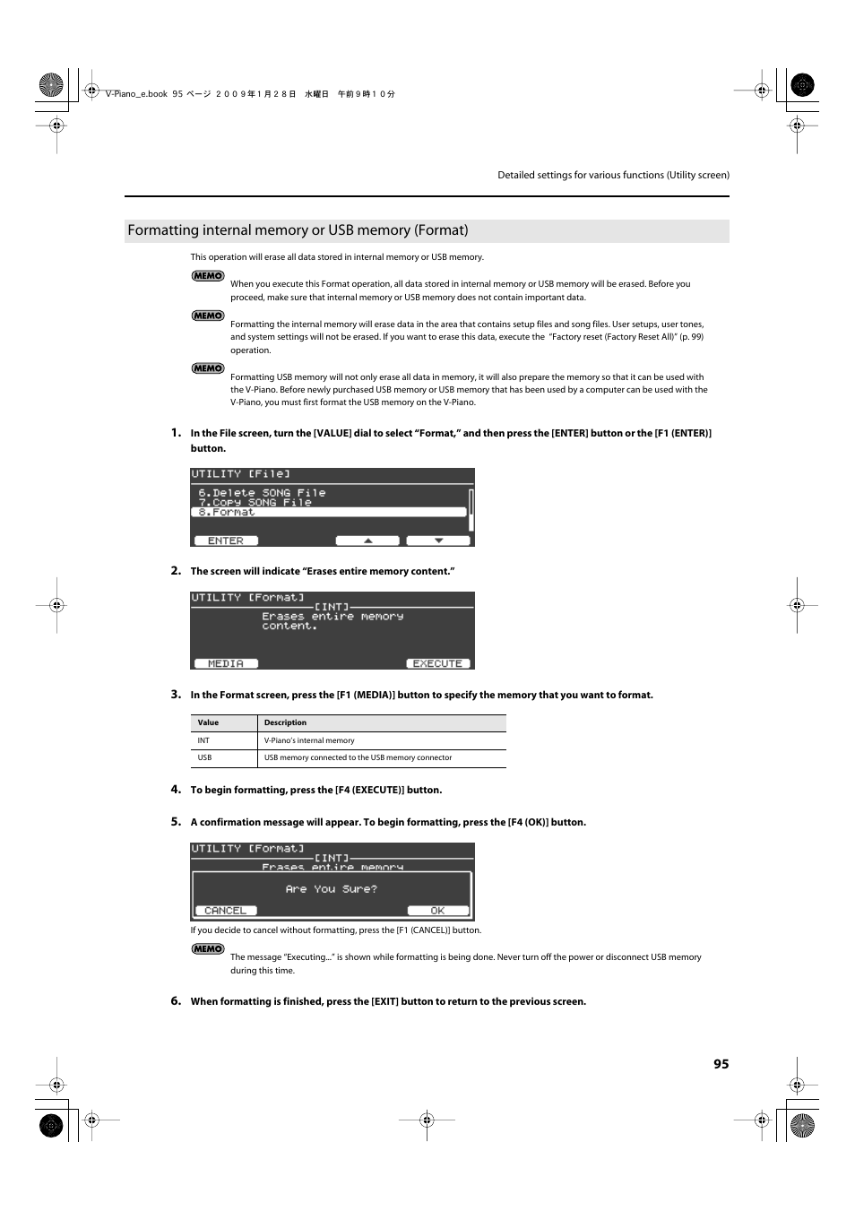 Formatting internal memory or usb memory (format), Memory or usb memory (format)” (p. 95), Memory (p. 95) | Y (p, Memory must be initialized (p. 95), P. 95 | Roland V-Piano User Manual | Page 95 / 116