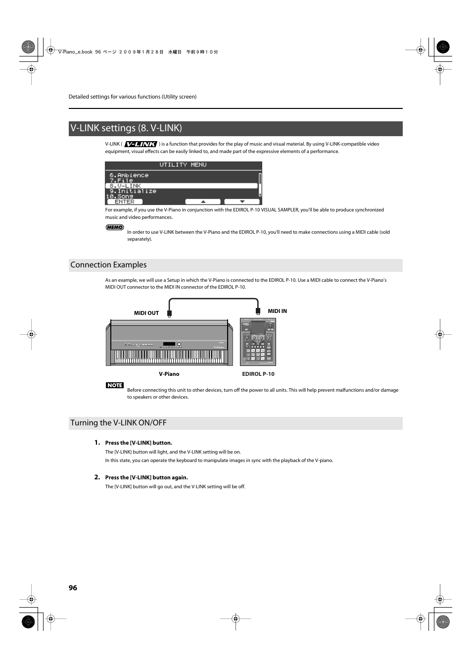 V-link settings (8. v-link), Connection examples, Turning the v-link on/off | Connection examples turning the v-link on/off, From the v-piano (p.96) | Roland V-Piano User Manual | Page 96 / 116