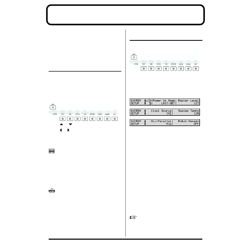 How to make the system function settings, Functions of system parameters, Display screen contrast and clock settings (setup) | P. 168) | Roland XV-88 User Manual | Page 168 / 312