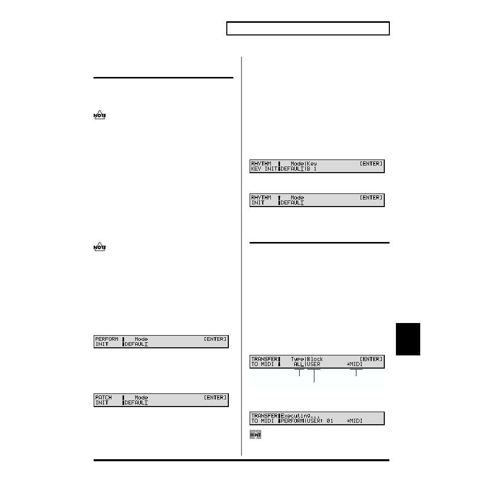 Initializing sound generator settings (init), Initializing a performance, Initializing a patch | Initializing a rhythm set, Transmitting sound settings (xfer), Transmitting data to an external midi device, Operation (p. 185), P. 185) | Roland XV-88 User Manual | Page 185 / 312