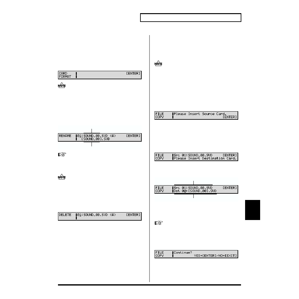 Formatting the memory card for the xv-88 (format), Renaming a file (rename), Deleting unwanted files (delete) | Copying files between memory cards (file copy), P. 189) | Roland XV-88 User Manual | Page 189 / 312