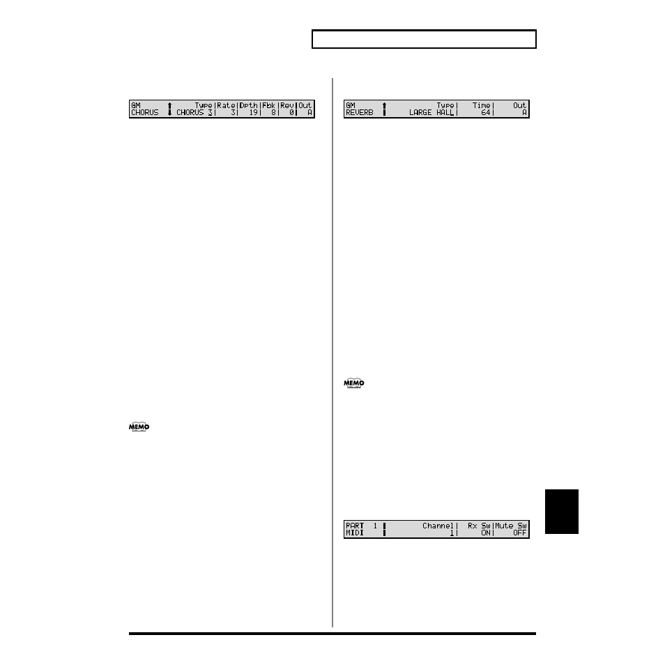 Making settings for receiving midi (midi), P. 195), Effects/gm chorus) (p. 195) | Effects/gm reverb) (p. 195) | Roland XV-88 User Manual | Page 195 / 312