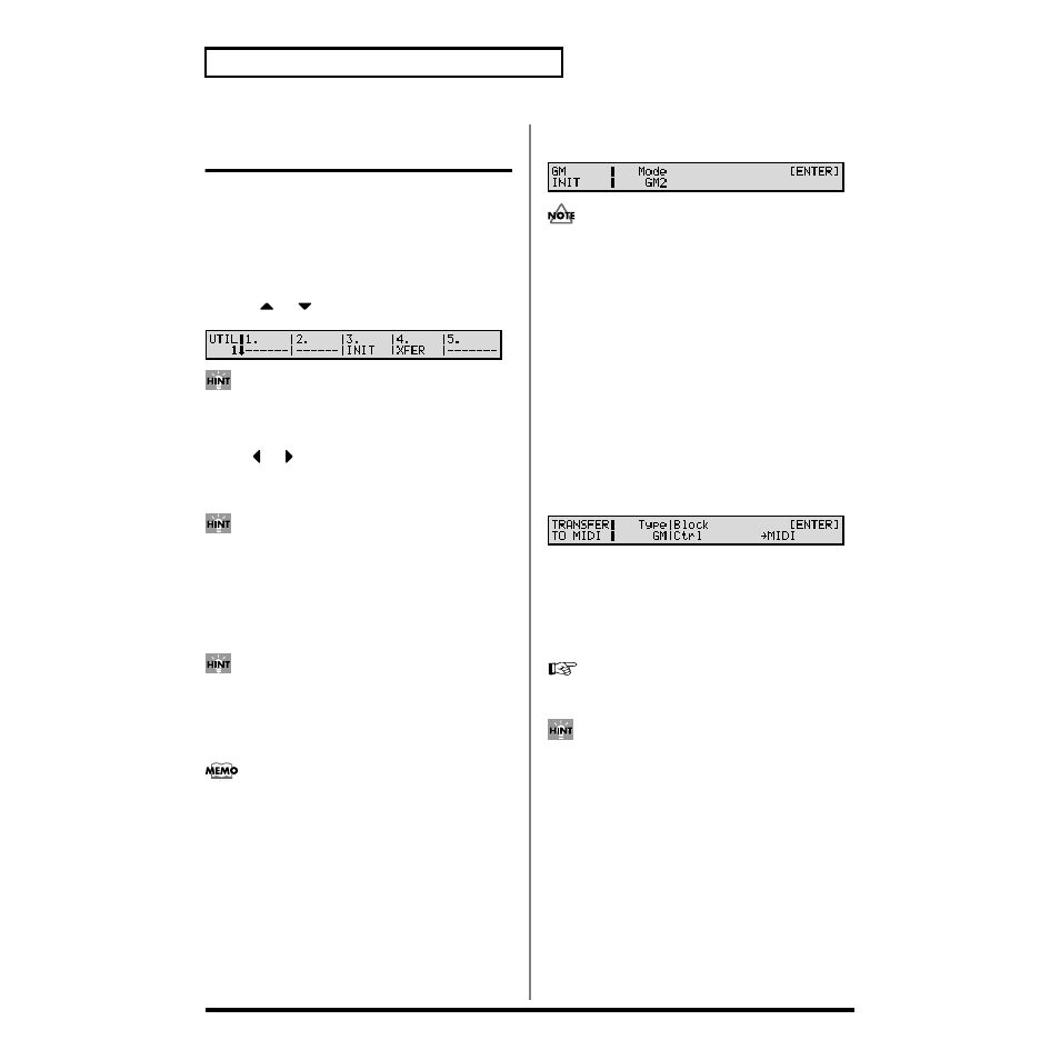 Convenient functions in gm mode (gm utility), Initializing gm mode (init), Transmitting gm mode settings (xfer) | Roland XV-88 User Manual | Page 198 / 312