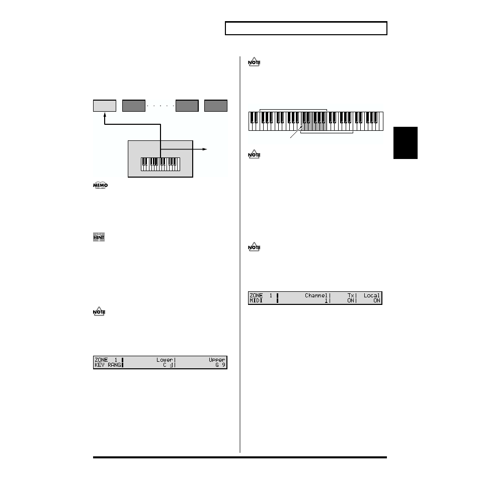 Setting the keyboard range (key range), Making settings for transmitting midi (midi), Devices (p. 59) | Be sent to an external midi device (p. 59), 59 chapter 4. zone settings, Key rang (key range), Midi | Roland XV-88 User Manual | Page 59 / 312