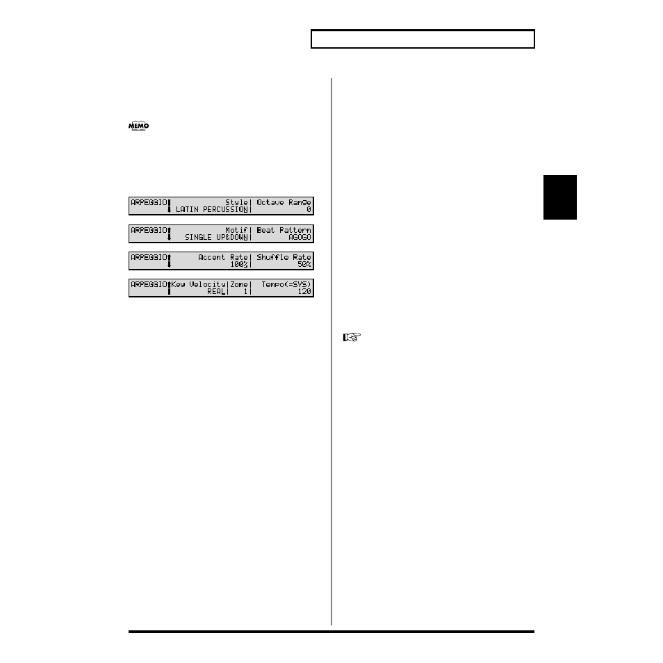 Arpeggiator settings (arpeggio), P. 61, p. 174), Arpeggio) (p. 61) | Roland XV-88 User Manual | Page 61 / 312