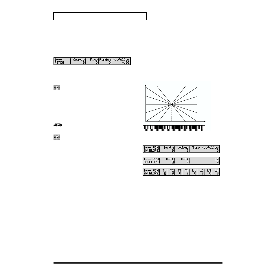 Modifying pitch (pitch), Coarse parameter (patch/pitch/pitch) (p. 86), Parameter (patch/pitch/pitch) (p. 86) | 86 chapter 5. creating patches, Pitch, Pch envelope (pitch envelope) | Roland XV-88 User Manual | Page 86 / 312