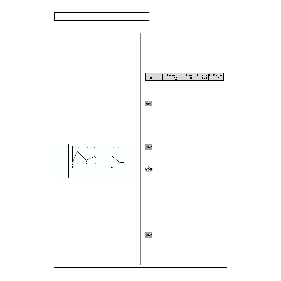 Adjusting the volume and pan (tva), The level parameter (patch/tva/tva) (p. 90), Pan parameter (patch/tva/tva) (p. 90) | V-sens parameter (patch/tva/tva) (p. 90), 90 chapter 5. creating patches | Roland XV-88 User Manual | Page 90 / 312