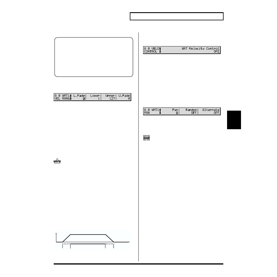 99 chapter 6. creating rhythm sets, Wmt vel rang (wmt velocity range), Velo control (velocity control) | Wmt pan | Roland XV-88 User Manual | Page 99 / 312
