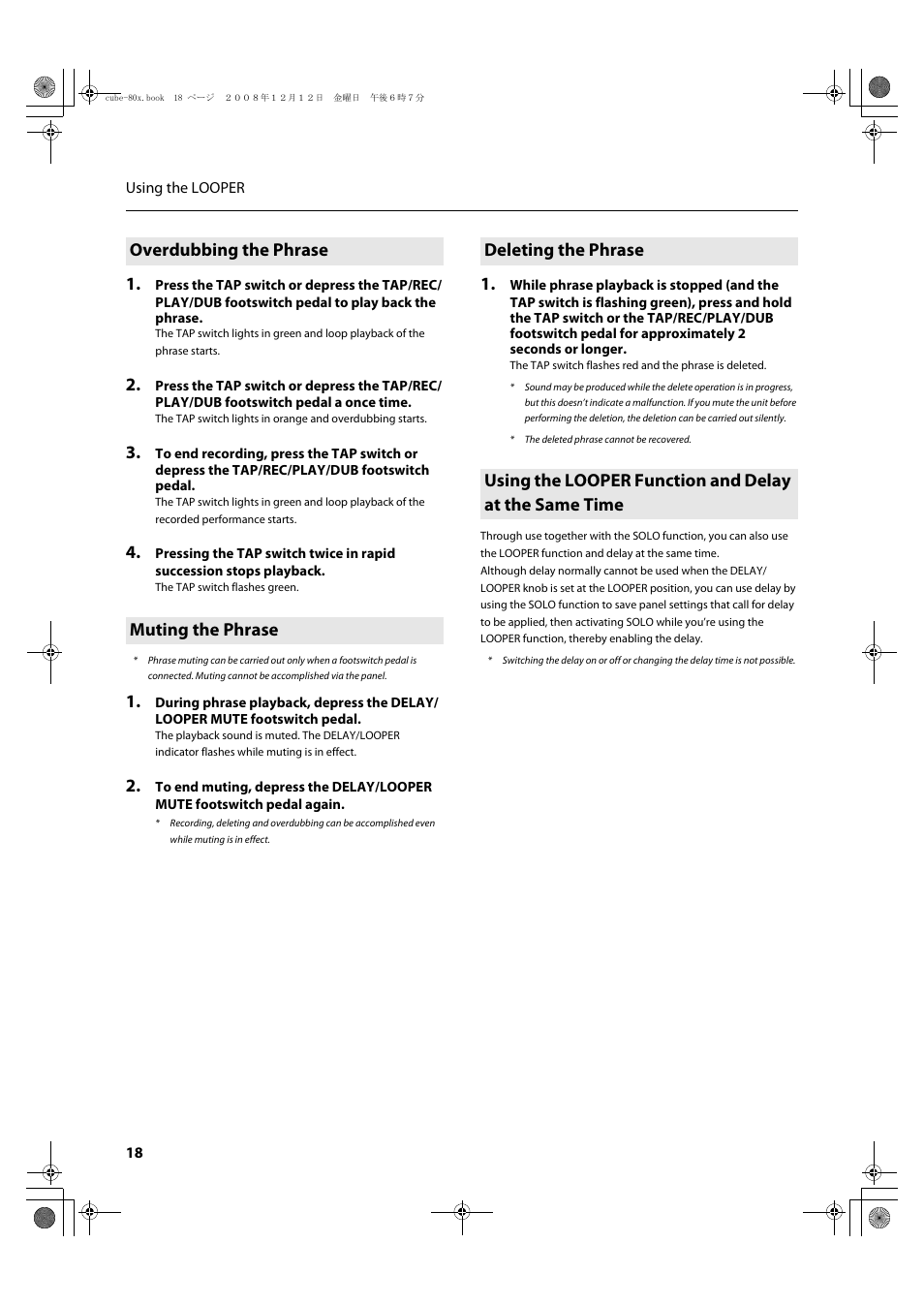 Overdubbing the phrase, Muting the phrase, Deleting the phrase | Using the looper, Function and delay at the same time” (p. 18) | Roland CUBE-80X User Manual | Page 20 / 31