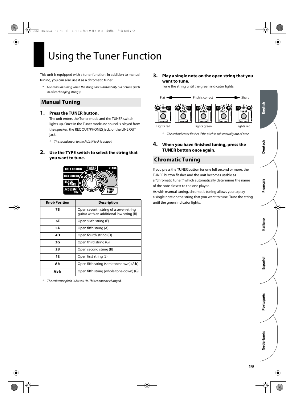 Using the tuner function, Manual tuning, Chromatic tuning | P. 19) | Roland CUBE-80X User Manual | Page 21 / 31
