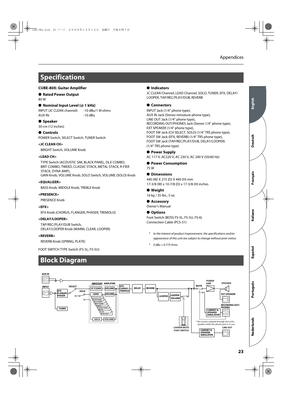 Specifications, Block diagram, Specifications block diagram | 23 appendices | Roland CUBE-80X User Manual | Page 25 / 31