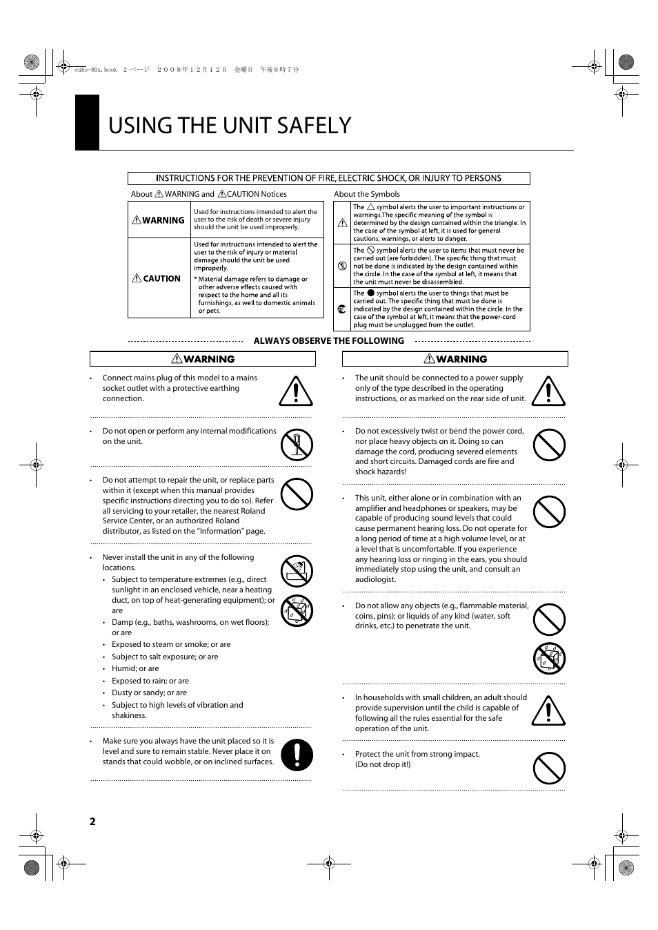 Using the unit safely, P. 2) and “important notes | Roland CUBE-80X User Manual | Page 4 / 31