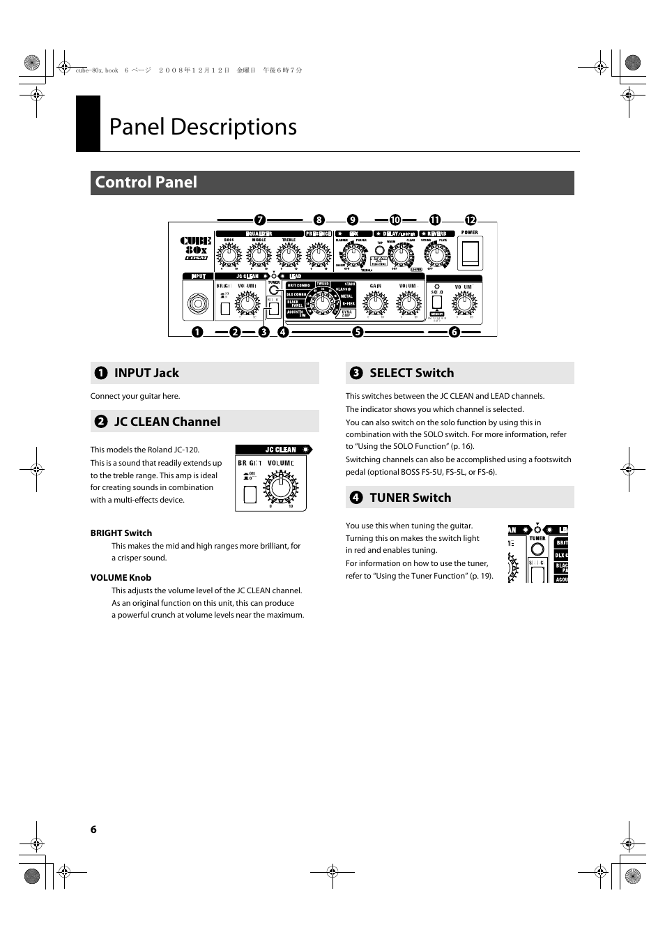 Panel descriptions, Control panel, Input jack | Jc clean channel, Select switch, Tuner switch, Ten types of cosm amplifiers (p. 6, P. 6 | Roland CUBE-80X User Manual | Page 8 / 31