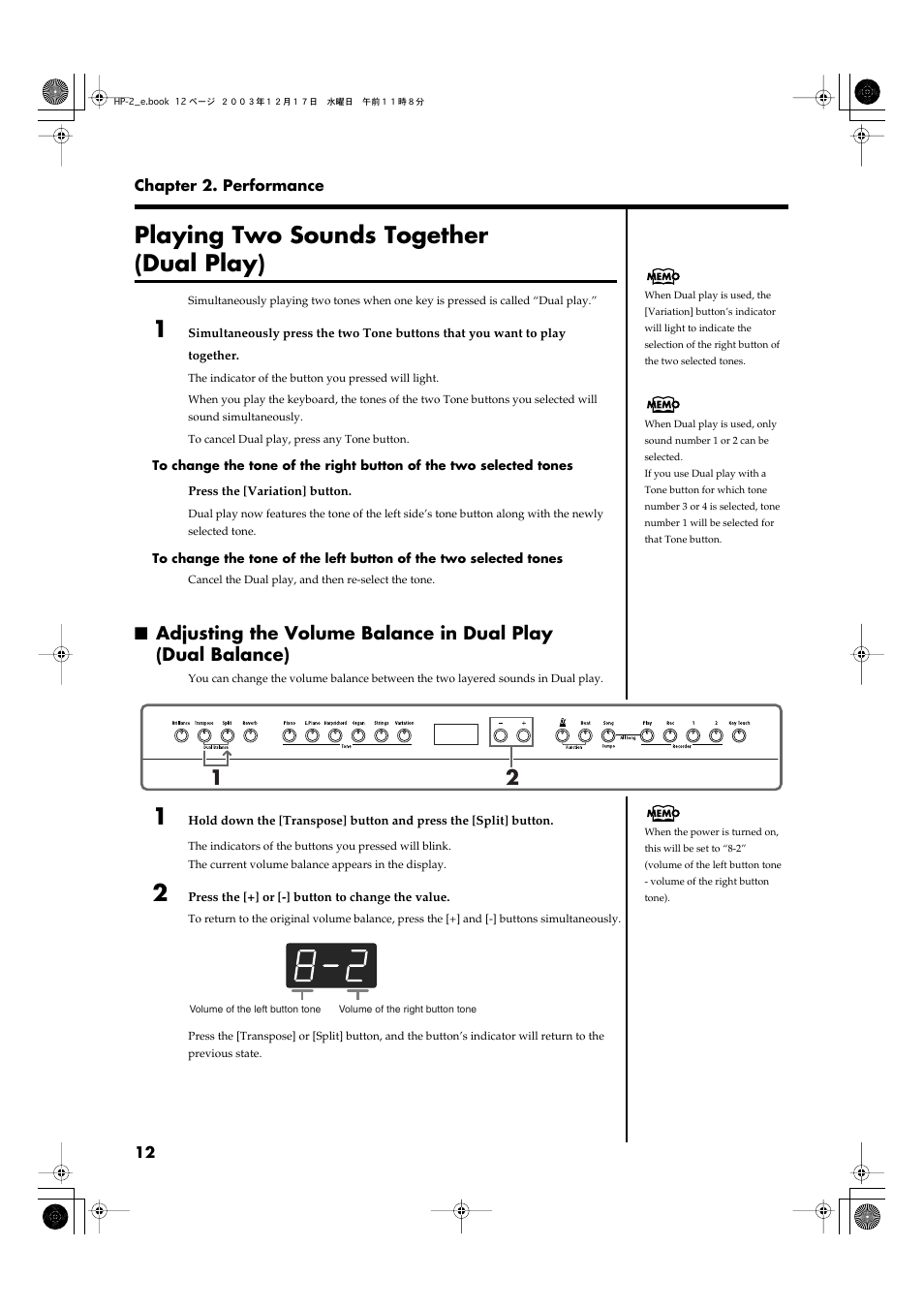 Playing two sounds together (dual play) | Roland HP-2 User Manual | Page 12 / 44