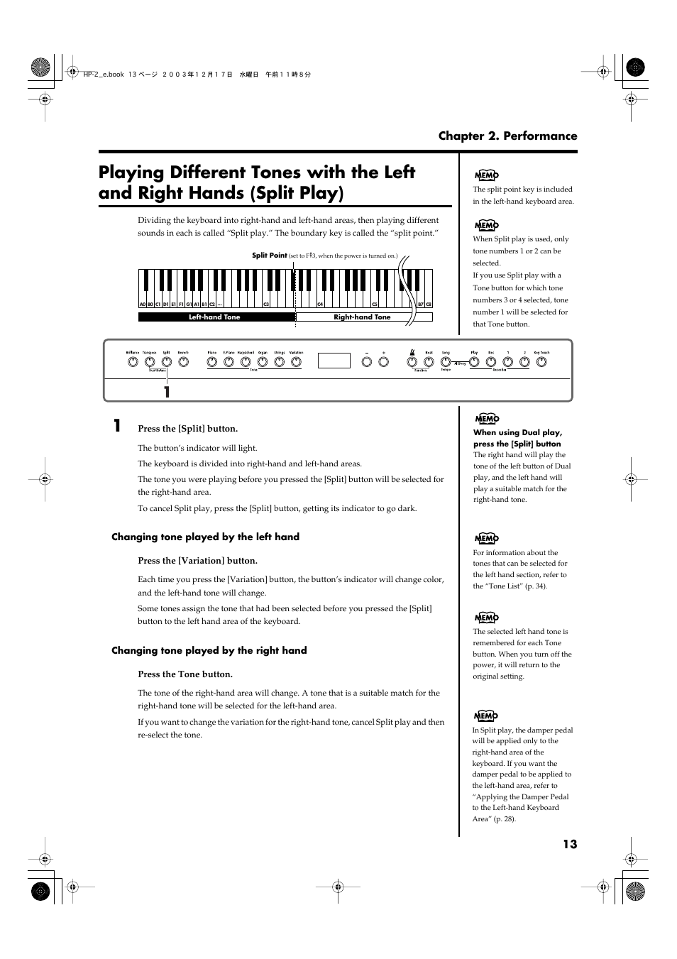 13 chapter 2. performance | Roland HP-2 User Manual | Page 13 / 44