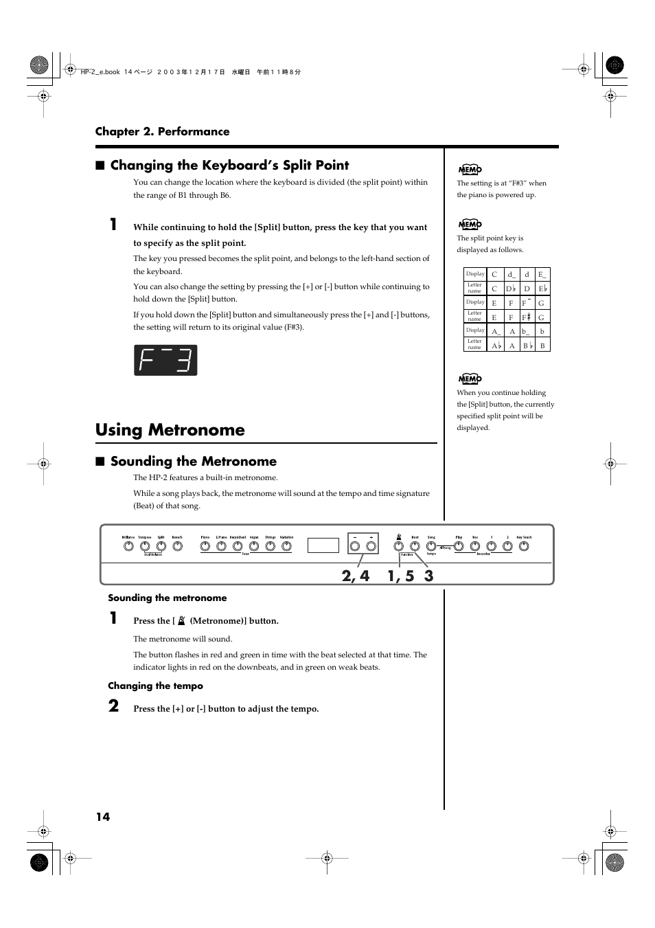 Changing the keyboard’s split point, Using metronome, Sounding the metronome | Turns the metronome on/off (p. 14) | Roland HP-2 User Manual | Page 14 / 44
