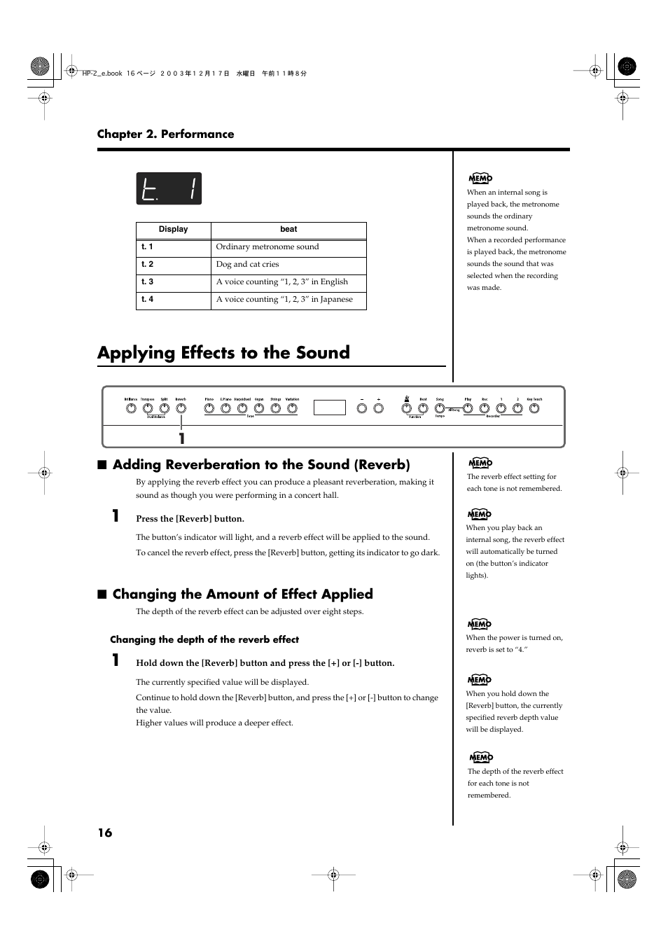 Applying effects to the sound, Adding reverberation to the sound (reverb), Changing the amount of effect applied | Adds reverberation to the sound (p. 16) | Roland HP-2 User Manual | Page 16 / 44