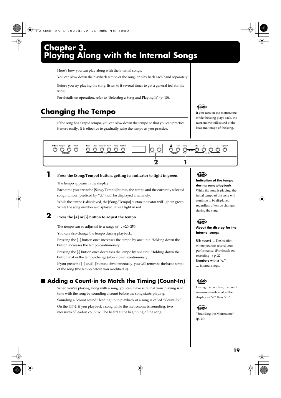 Chapter 3. playing along with the internal songs, Changing the tempo, Adding a count-in to match the timing (count-in) | Chapter 3, Playing along with the internal songs, Chapter 3. playing along, With the internal songs” (p. 19) | Roland HP-2 User Manual | Page 19 / 44