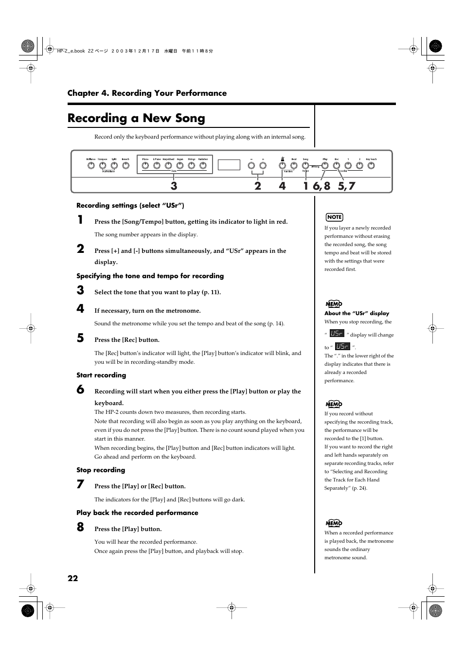 Recording a new song, P. 22), Recording a new song” (p. 22)) | Roland HP-2 User Manual | Page 22 / 44