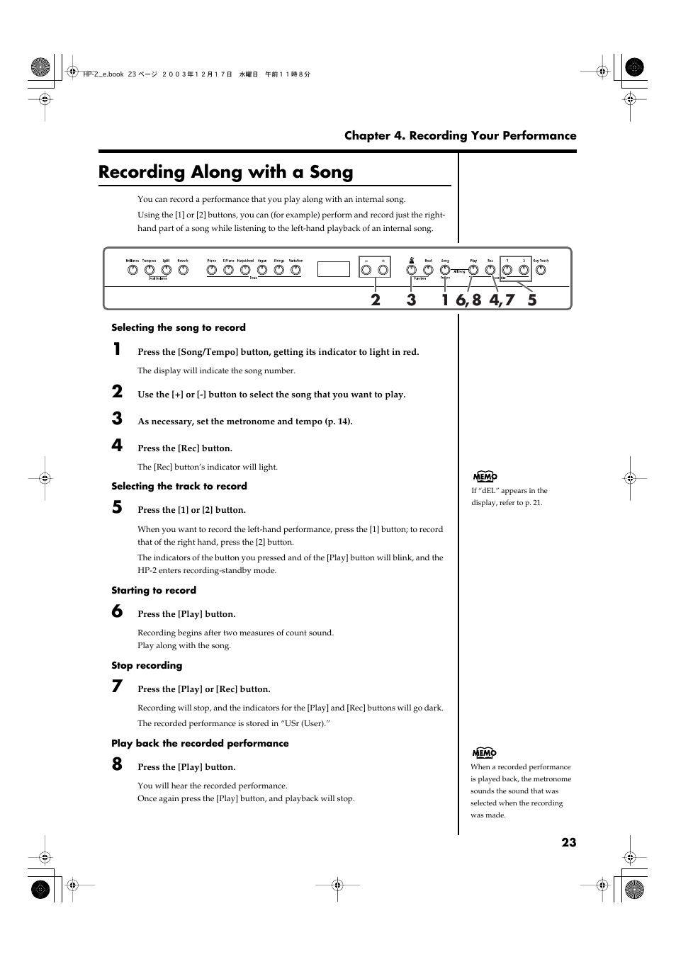 Recording along with a song, Recording along with a song” (p | Roland HP-2 User Manual | Page 23 / 44